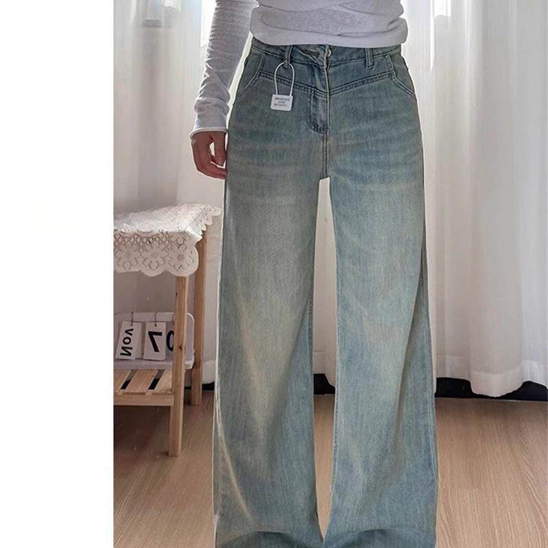 大码百搭阔腿牛仔裤女春秋新款胖mm宽松设计感高腰显瘦直筒拖地裤