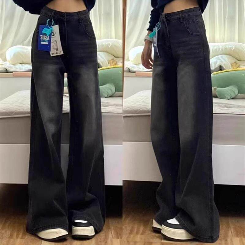 黑灰色直筒牛仔裤女春季新款高腰显瘦宽松复古做旧阔腿直筒长裤子