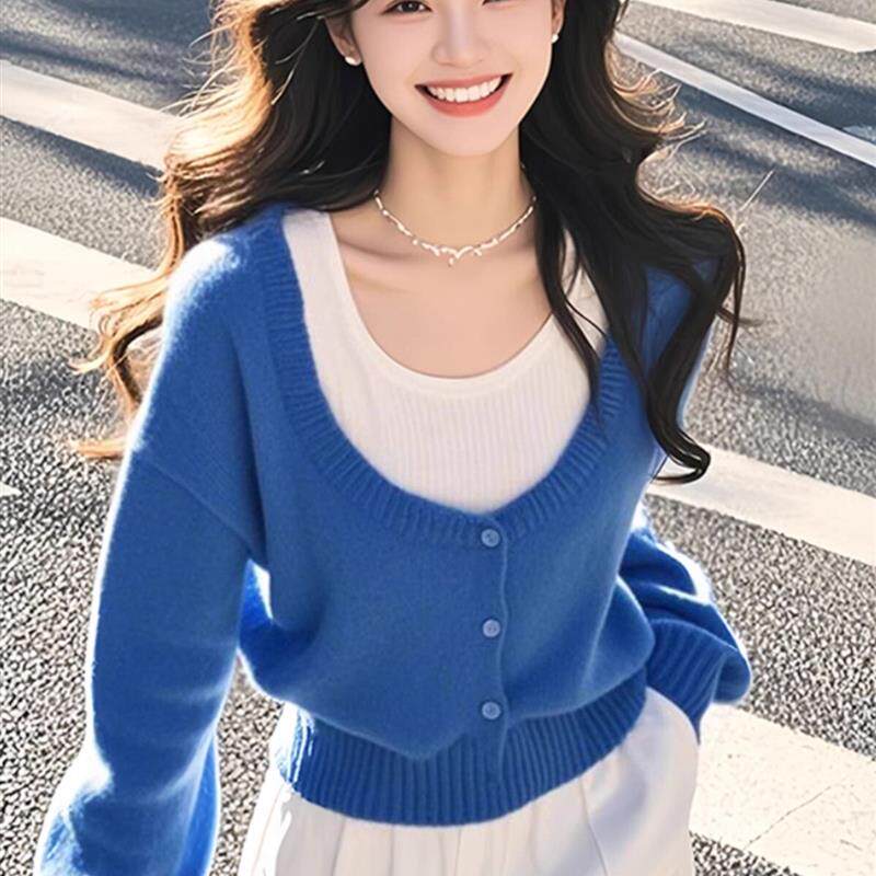 蓝色假两件设计感针织衫毛衣女款2026春装新款穿搭酷飒拽姐上衣