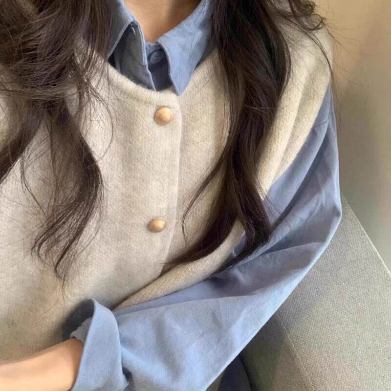 韩系休闲简约宽松显瘦圆领单排扣马甲背心开衫女秋季叠穿单品坎肩