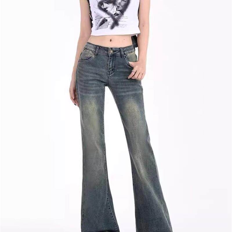 复古蓝微喇牛仔裤女春季新款大码胖mm高腰显瘦弹力不贴腿喇叭裤子