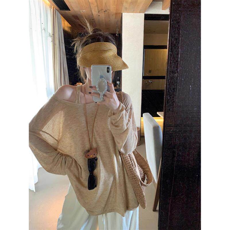 春季防晒罩衫两件套女微透薄款长袖T恤+挂脖工字吊带背心无袖上衣