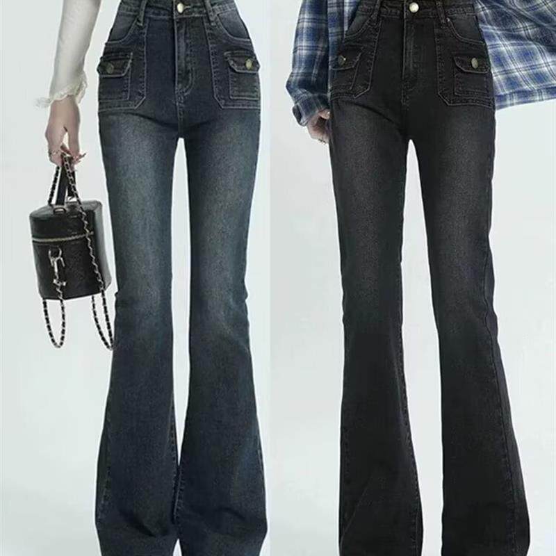 美式复古微喇牛仔裤女春季新款弹力高腰显瘦修身阔腿拖地喇叭裤子