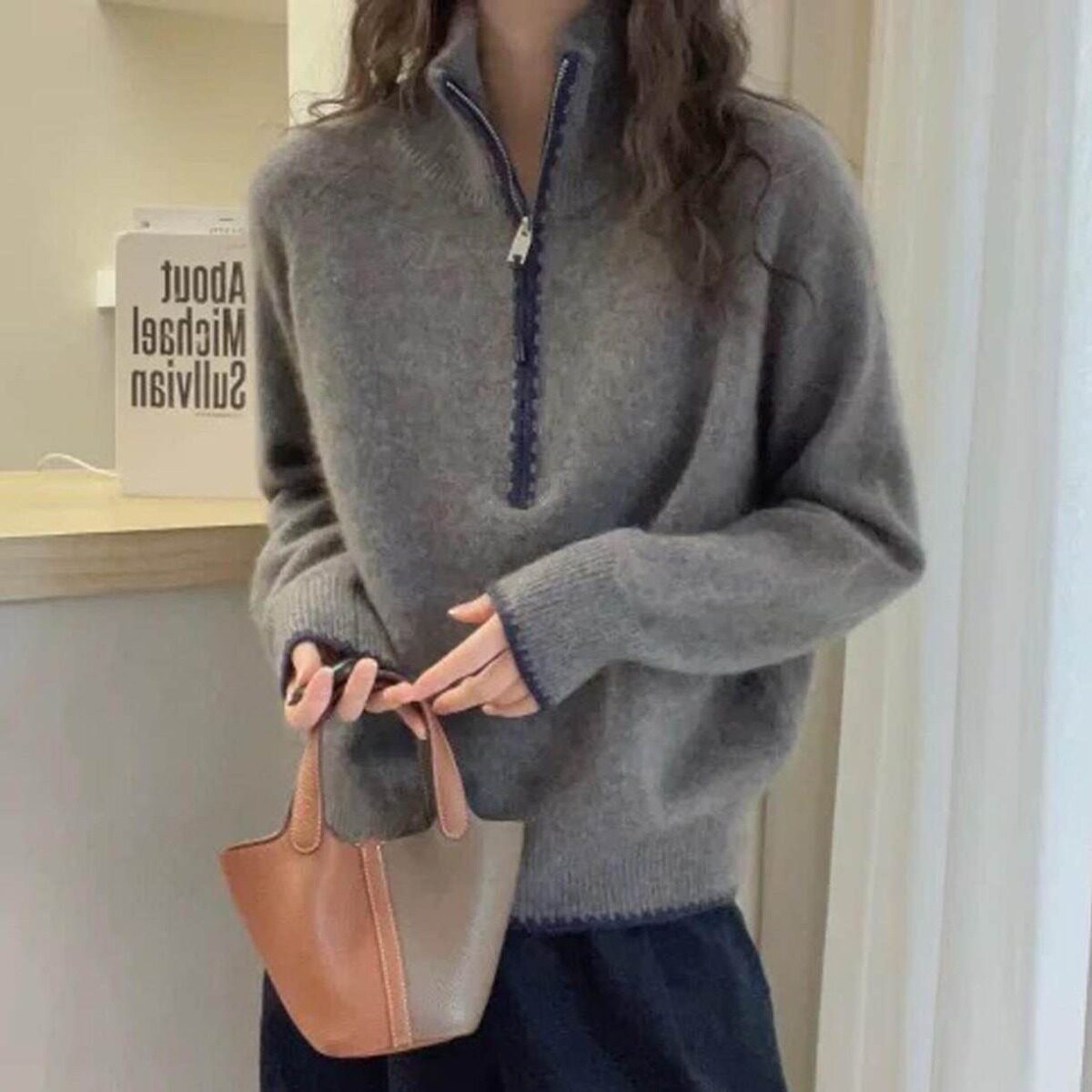立领半拉链时尚羊毛衫女秋冬加厚宽松高端撞色软糯羊绒打底毛衣女