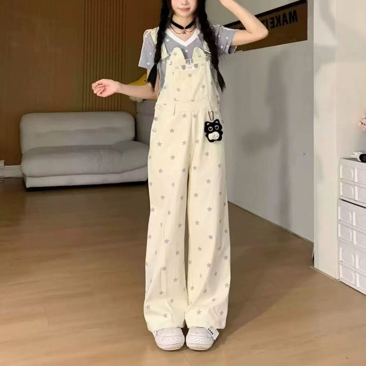 牛仔背带裤女复古小猫星星印花宽松直筒夏新款甜酷风减龄休闲长裤