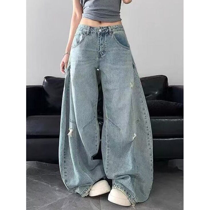 美式复古破洞阔腿牛仔裤女2025年秋季新款高腰宽松显瘦垂感弯刀裤