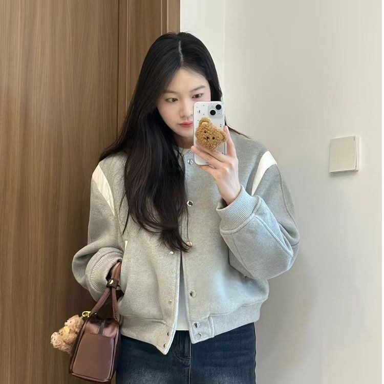 灰色棒球服薄款短外套女秋冬新小个子宽松夹克加绒加厚