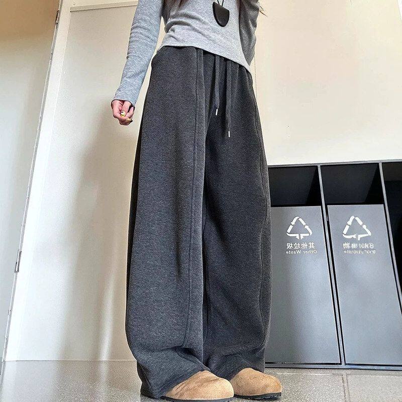 深灰色加绒弯刀裤女秋冬2026新款高腰宽松显瘦休闲加厚糯米阔腿裤