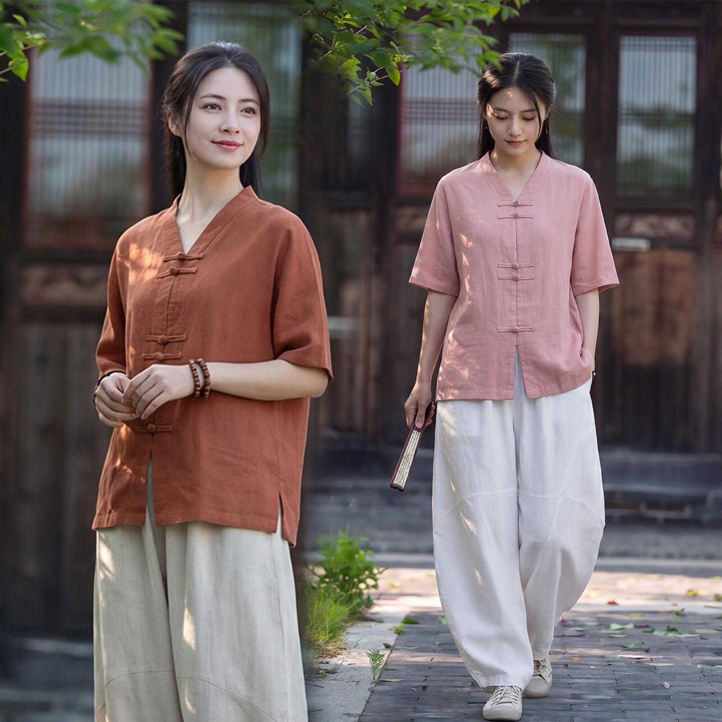 太极服女款2026新款夏季中式国风天丝麻上衣太极拳八段锦练功服装