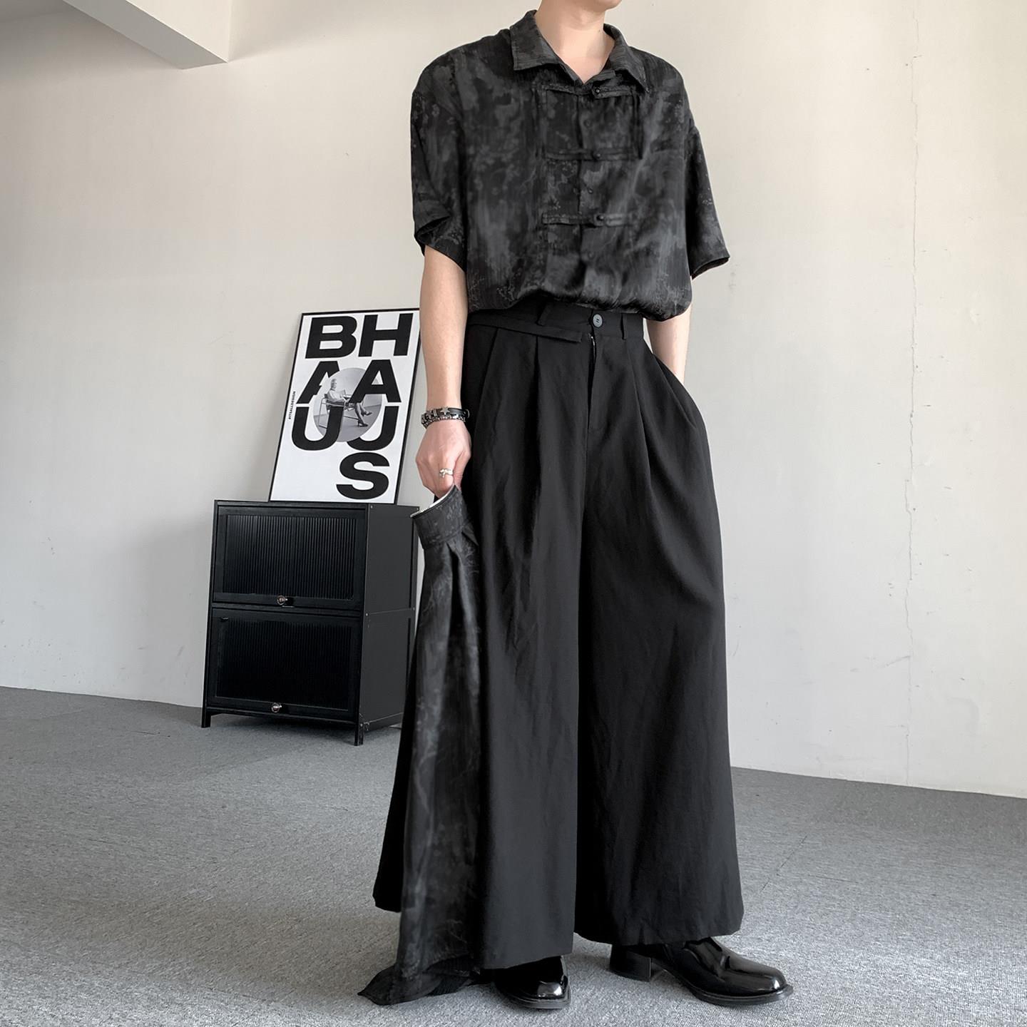 新中式男装盘扣汉服衬衫套装国风两件套高级感短袖唐装衬衫+裙裤