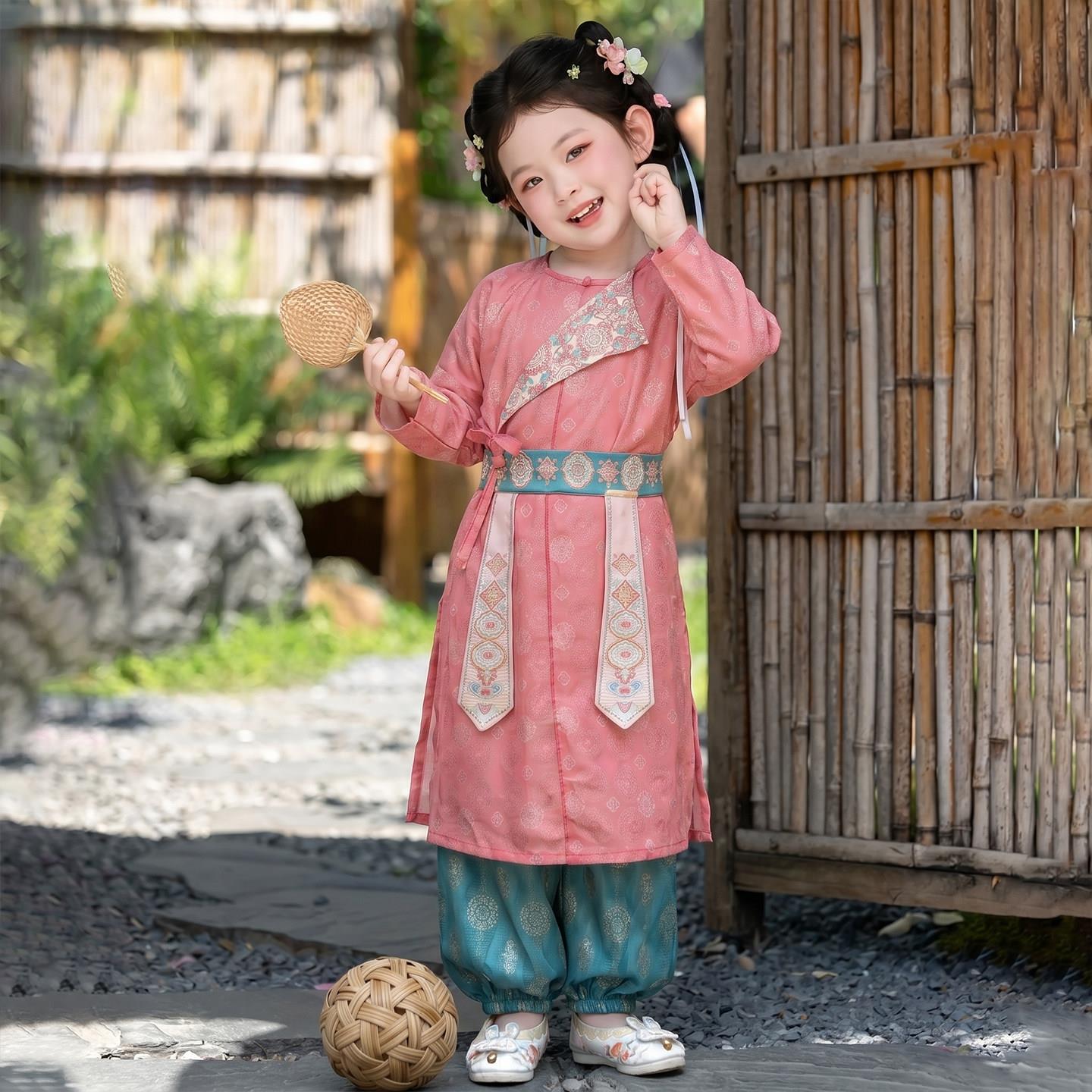 女童汉服夏款唐制圆领袍刺绣套装古风中国风裤子小女孩演出古典舞