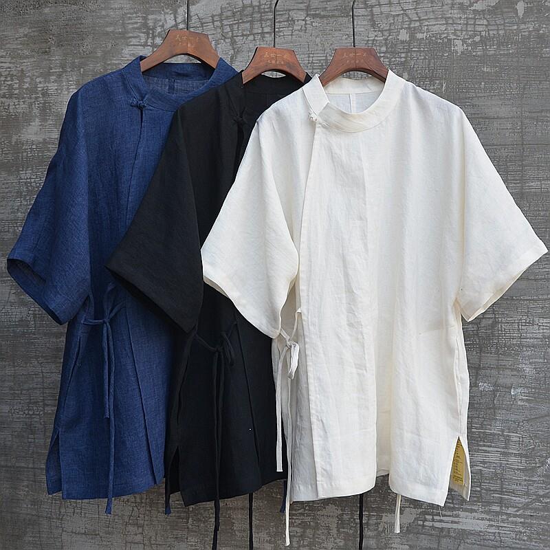 男装夏季亚麻薄款衬衫斜襟大襟汉服中国风短袖舒适复古禅意茶服