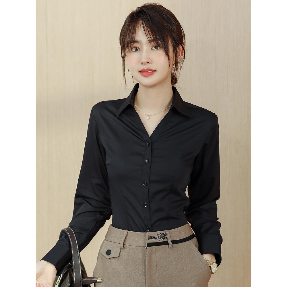 黑色长袖衬衫女高级感春秋气质工作服职业正装竹纤维修身V领衬衣
