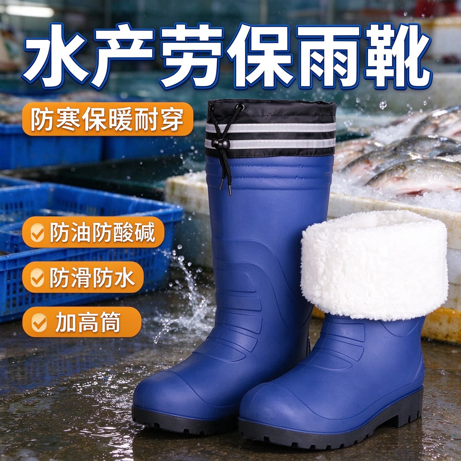 工地专用保暖雨靴高筒加绒防水胶鞋防滑耐磨防酸碱大码加宽雨鞋