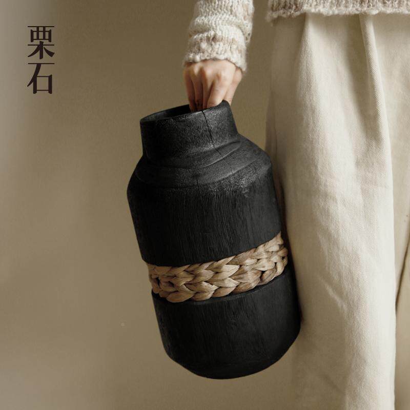 【墨】复古新中式宿碳从化木样黑色花瓶摆件板02间民干花插花器