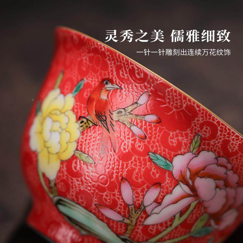 扒花主扒花花鸟人茶杯 中式高温瓷茶具 个人功夫茶专具用杯 釉上