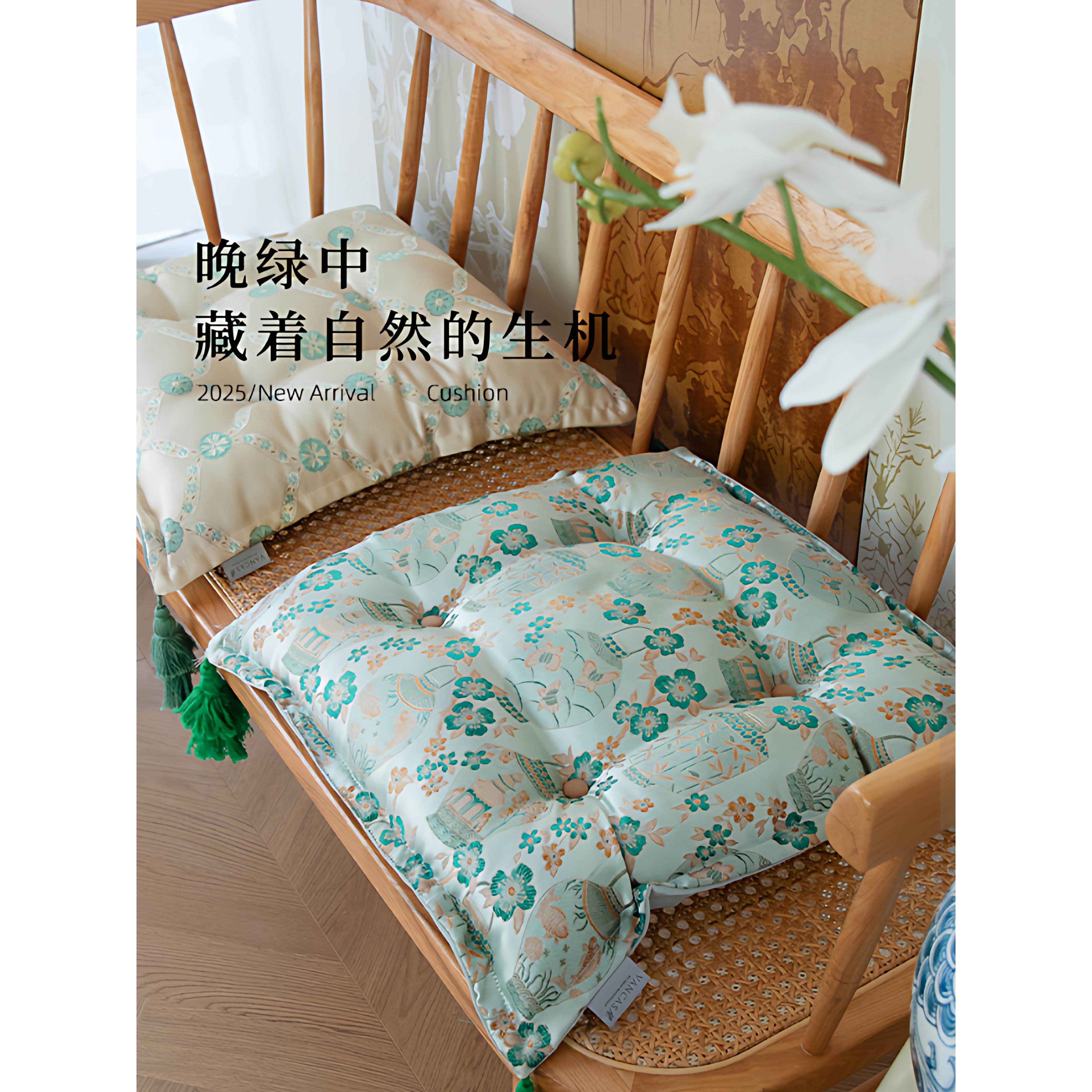 万见苏伯厚绿「」法式中国晚风坐垫绿色加飘窗台地垫客厅沙发椅垫