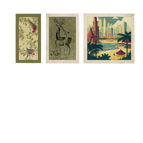 复古绿植客厅装饰画现代小众艺术风景画三联客厅装饰画