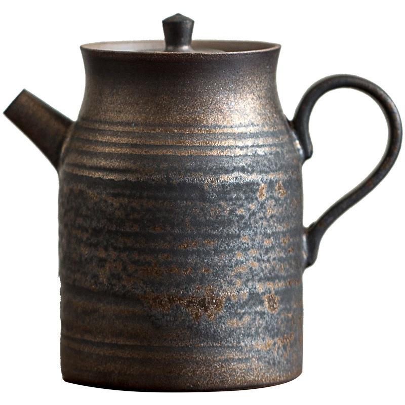 鎏金釉茶壶手工铁锈釉茶壶陶瓷单壶粗陶功夫茶具侧把壶茶道