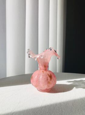 中古玻璃花瓶温柔水滴芬顿雾粉洒金肌理小众复古手工琉璃花器插花