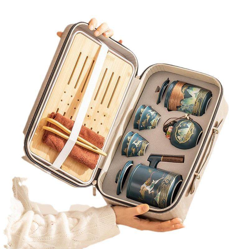 千里江山旅行茶具套装便携式包陶瓷户外旅游一壶四杯快客杯可LOGO,餐饮具,旅行茶具,淘宝优惠券,粉丝福利购,淘宝优惠卷