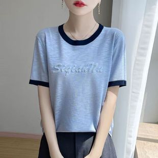 圆领大码 撞色设计小衫 新款 百搭宽松妈妈装 上衣洋气显瘦T恤女 夏季