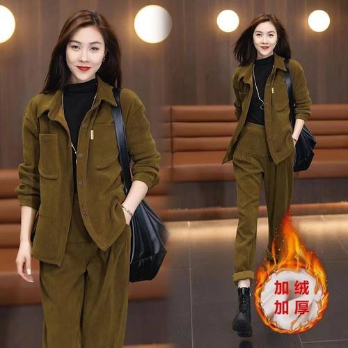 灯芯绒外套妈妈装大码两件套