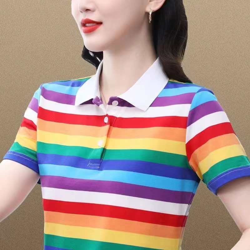 纯棉翻领条纹短袖T恤女