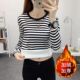 秋冬加绒加厚大码 上衣 洋气条纹长袖 内搭保暖打底衫 女中年妈妈时尚