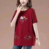 宽松洋气纯棉遮肚显瘦中长款 大码 上衣 t恤女夏季 中老年人妈妈短袖