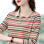 妈妈翻领长袖 polo领上衣女 纯棉条纹打底衫 t恤女士2024春秋季 新款