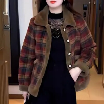 中年妈妈加绒加厚格子毛呢外套