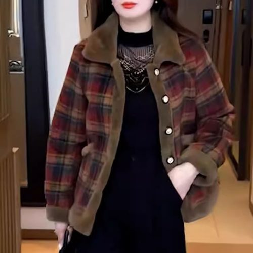 中年妈妈加绒加厚格子毛呢外套