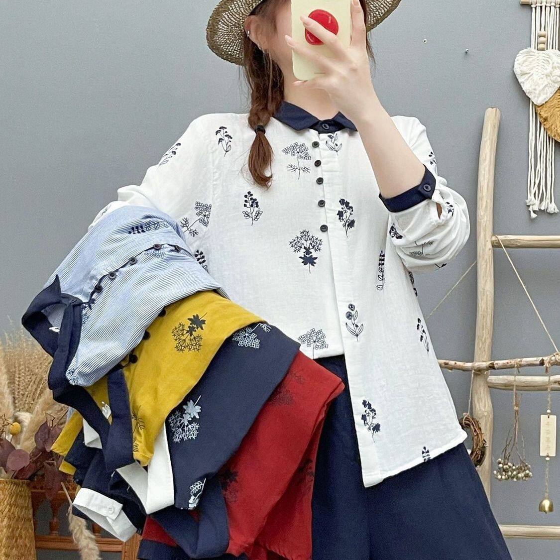 新款春秋季棉麻翻领印花衬衫女时尚妈妈宽松显瘦休闲外穿长袖上衣
