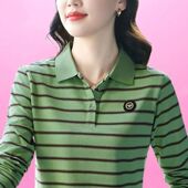 翻领洋气长袖 春秋Polo领中年妈妈条纹显瘦大码 减龄上衣新款 T恤女