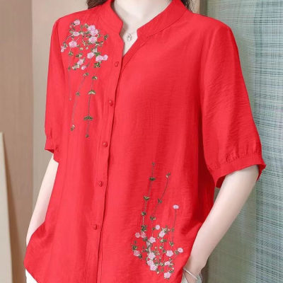 妈妈夏装短袖T恤女士棉麻衬衫