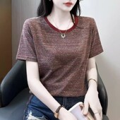 夏季 妈妈短袖 百搭宽松正肩上衣 条纹半袖 体恤衫 t恤女2025新款 时尚