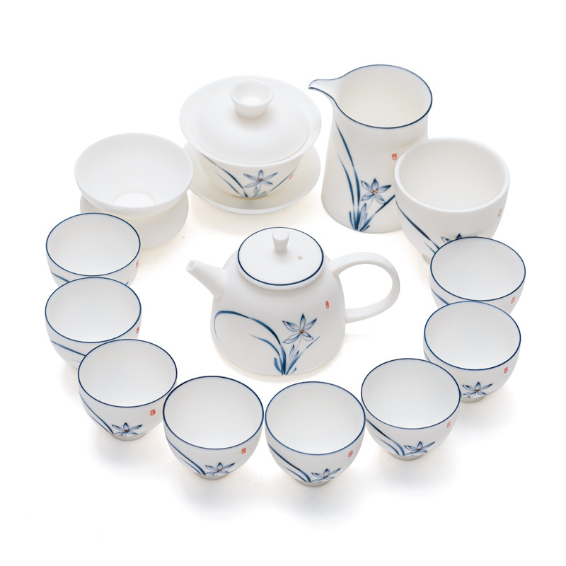 速发茗枝羊脂玉白瓷功夫茶具套装轻奢家用青花瓷茶壶盖碗茶杯中式