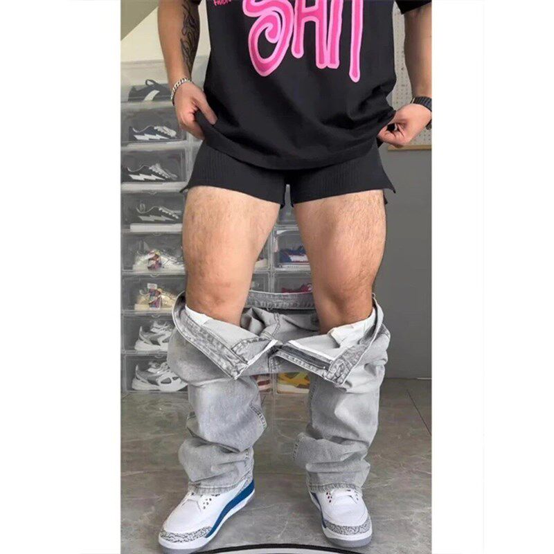 速发美式vibe烟灰色微喇牛仔裤男款春秋款fit裤子显腿瘦直筒长裤