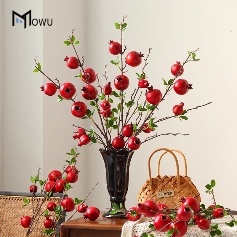 速发石榴果花果实假花树枝装花摆束客厅插花设玄关干饰品餐桌花艺