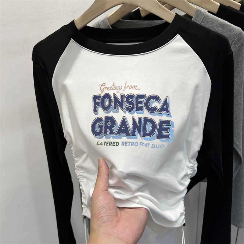 速发设新感花色字母印拼抽绳长袖T恤2024秋装计款洋气体恤小衫上