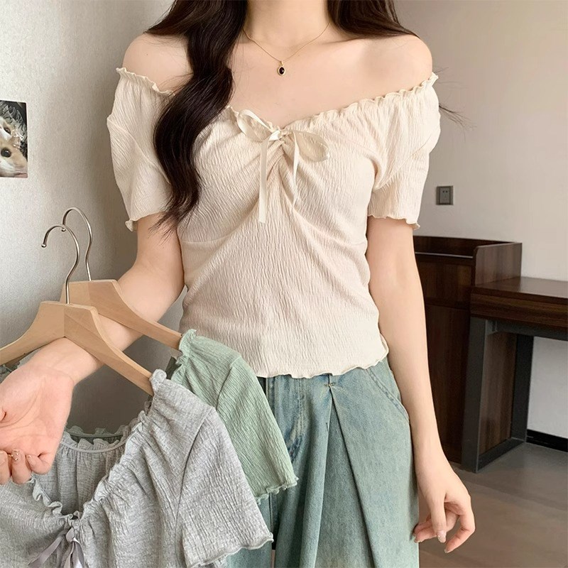 速发欲计感别致木耳带系边半袖短款上衣春夏纯设蕾丝花边恤