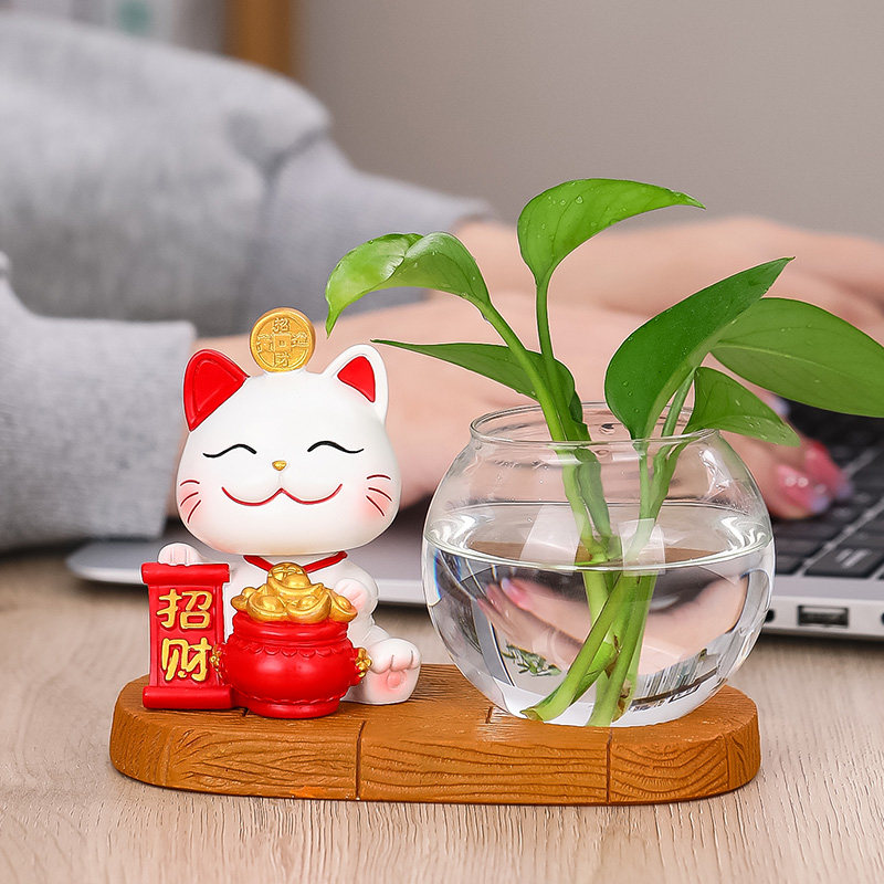速发创意招财猫家居装饰品绿室水培小瓶花容器摆件客厅办公萝桌面