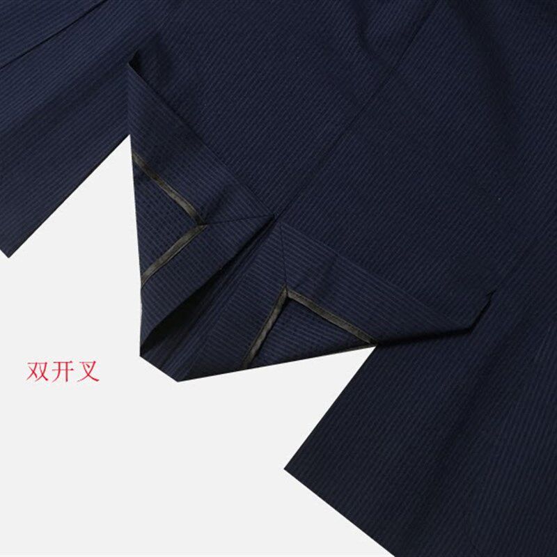 速发夏季新品男士藏蓝色条纹纯棉泡泡纱两粒扣半夹西服双开叉休闲
