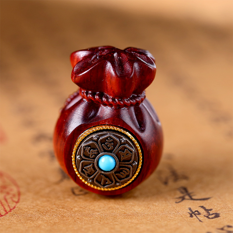 速发绿把木雕装小福袋吊坠 镶嵌六字真言刻盘配件 木质工艺文玩手