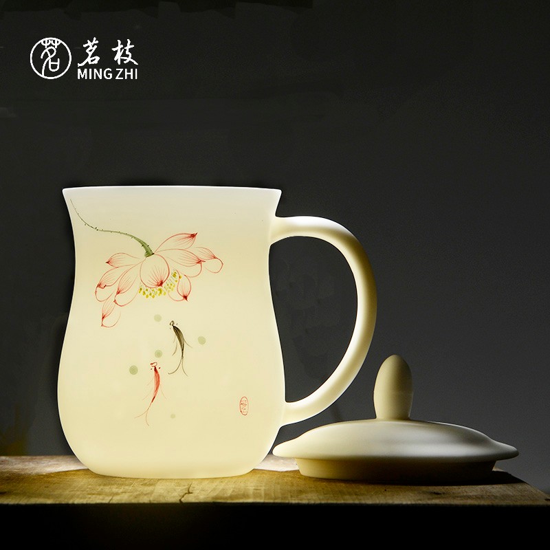 速发茗枝德化白瓷杯手绘荷花个人杯功夫茶杯带盖陶瓷喝水杯个人办