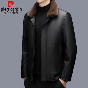 皮尔卡丹真皮皮衣男加绒加厚皮毛一体外套水貂毛内胆绵羊皮皮夹克