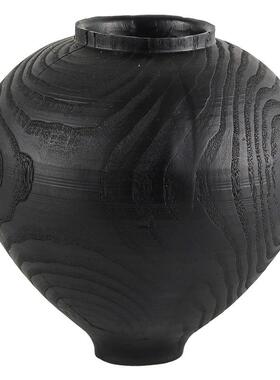 侘寂风仿碳化木纹花器摆件样板房酒店民宿抽象大肚圆形花瓶装饰品