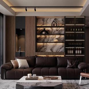 全屋设计意式 酒柜芦花板衣柜一门到顶圆弧护墙玻璃餐边柜 轻奢风格