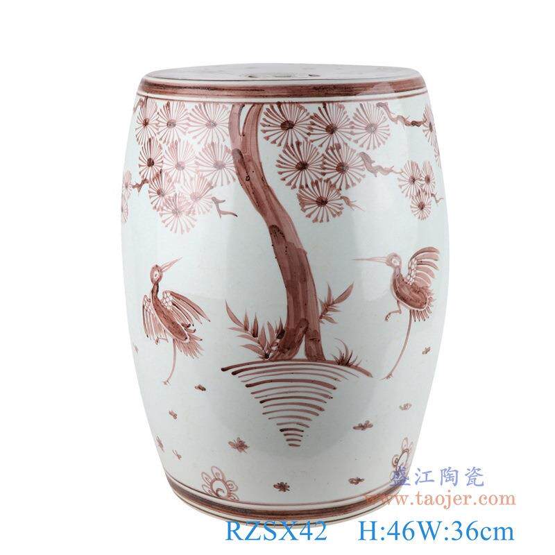 景德镇陶瓷凳子手绘矾红松鹤鼓凳青花斗彩鱼藻纹凉墩凳子收藏摆件